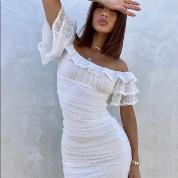 Camila Coelho Eva Off-Shoulder White Mini Dress Lace Mesh Ruffle size Small - Picture 3 of 11